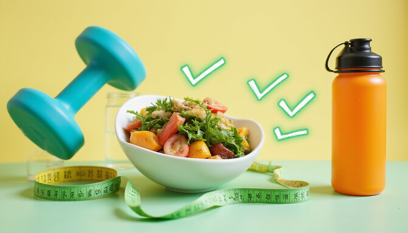 Quick fixes concept: healthy meal, dumbbell, water bottle, measuring tape, glowing green checkmarks