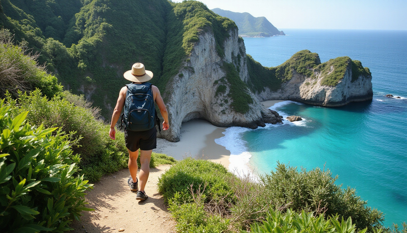  Winding cliff path through lush greenery to hidden white-sand cove, backpacker with straw hat