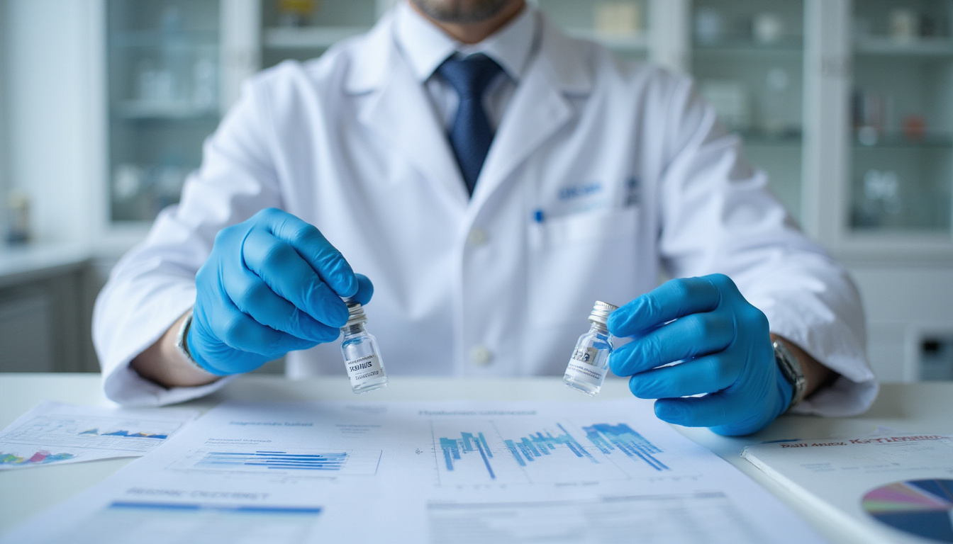 Laboratory scene with scientist in white coat inspecting hyaluronic acid vials, data charts, certification seal