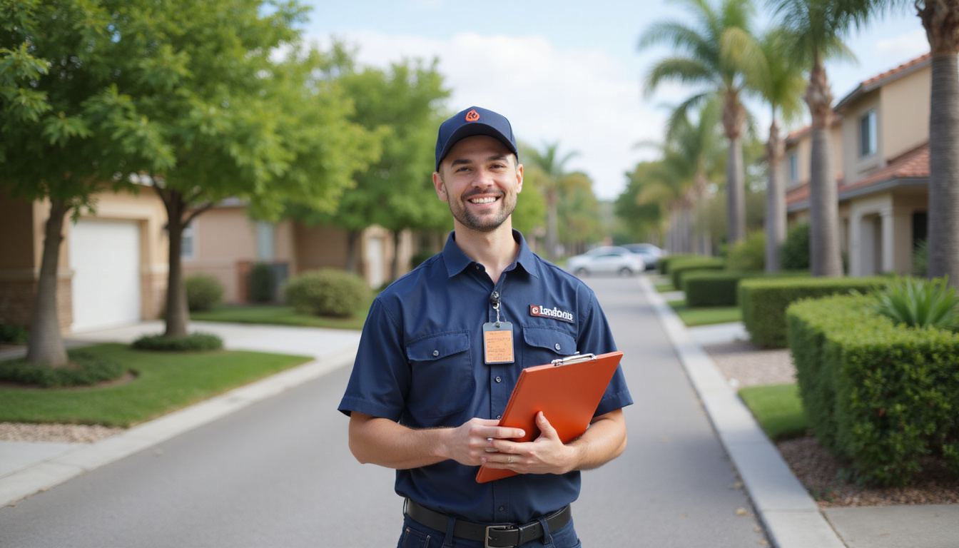 Smiling uniformed junk removal technician with clipboard, low-price tag, cleared driveway, palm trees