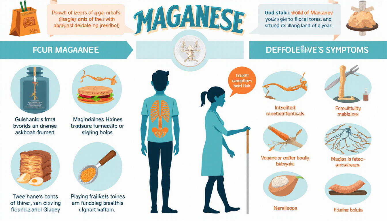  Medical infographic showing manganese benefits and deficiency symptoms, bones, metabolism, fatigue, tremors, clear icons