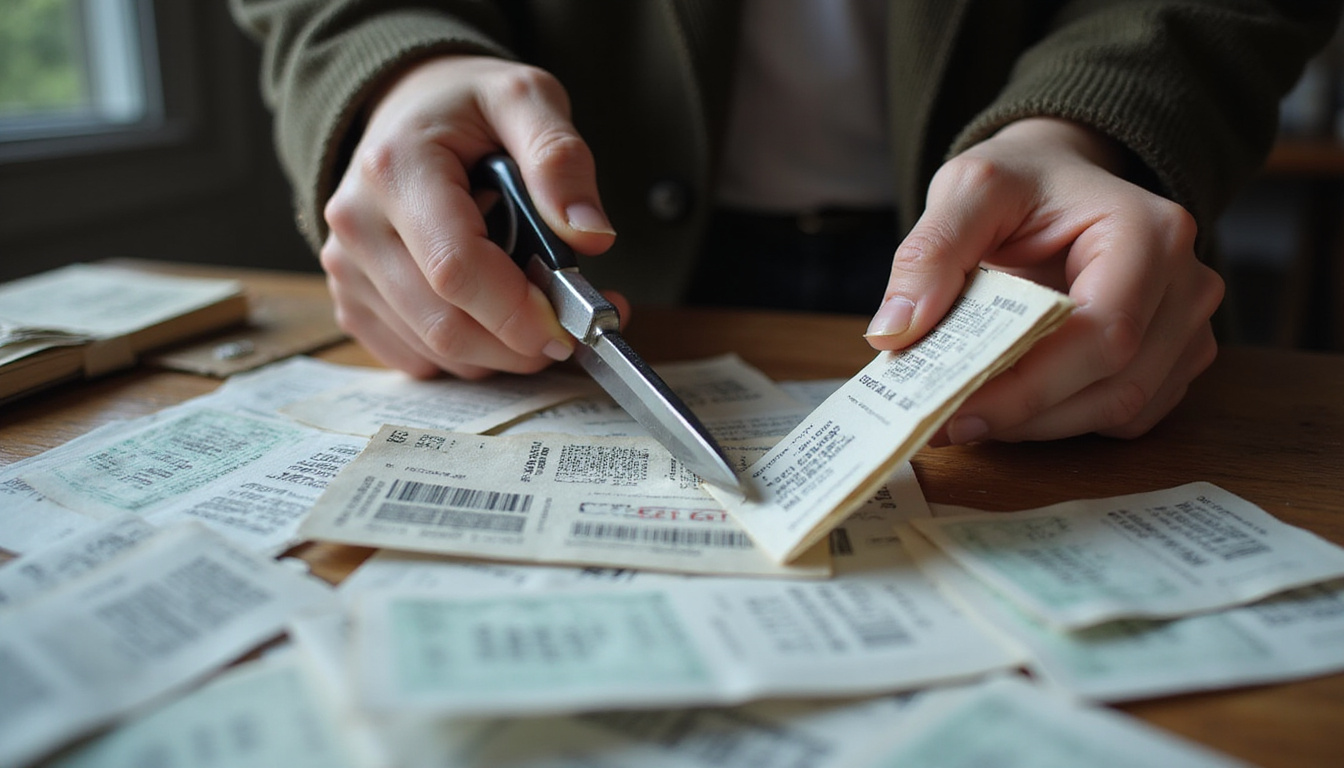  Close-up hands cutting printed coupons with vintage scissors, scattered receipts, dramatic low lighting