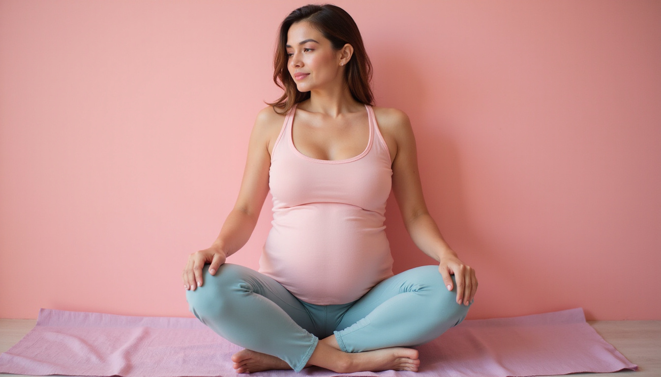  Close-up of expectant mother practicing pelvic floor exercises, relaxed expression, soft pastel clinic background