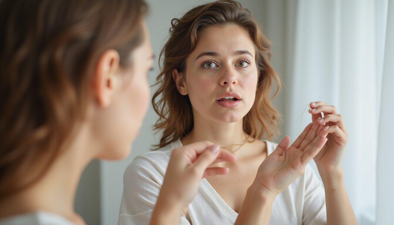  Alarmed person inspecting multiple hair strands on palm mirror soft natural light