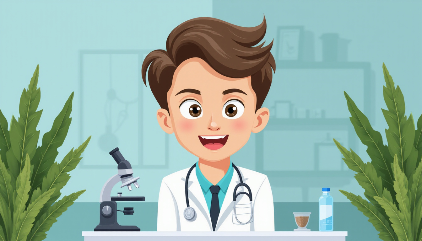  Before-and-after male hairline, scientific lab backdrop, microscope, green palmetto leaves, hopeful atmosphere