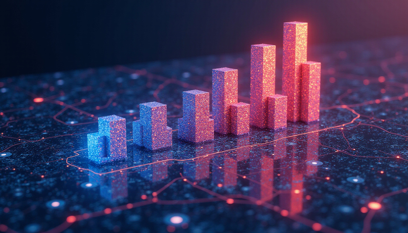 Modular circuit-board roadmap transforming into ascending bar-graph skyscrapers, luminous revenue pipelines