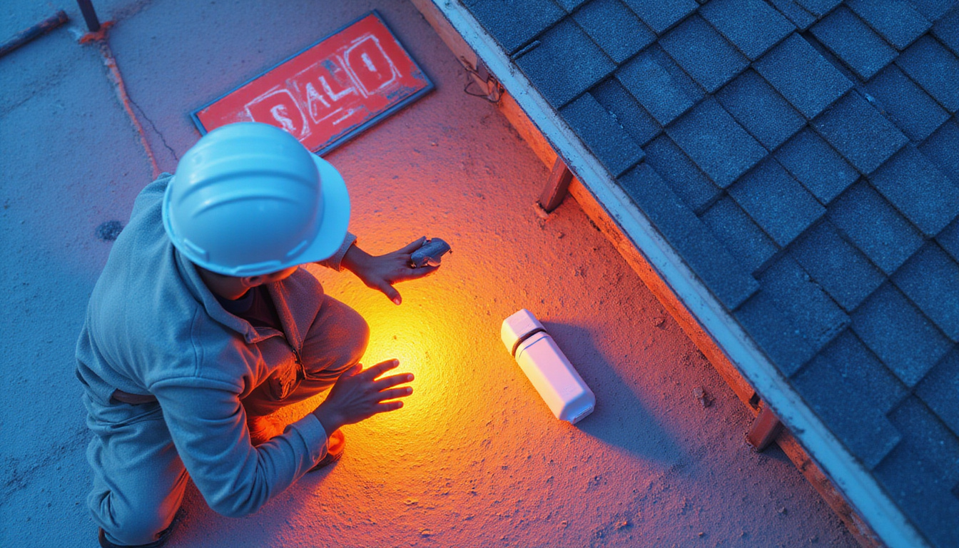 Overhead view of inspector using thermal camera on roof, checklist and sold sign nearby