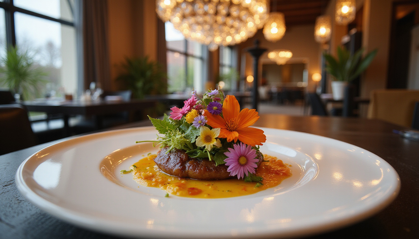 Gourmet tasting menu inside elegant dining room, crystal chandeliers, chef plating edible flowers