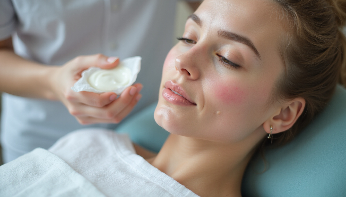  Calm patient with minimal redness using soothing cream, cotton pad, mirror reflection, reassuring clinician