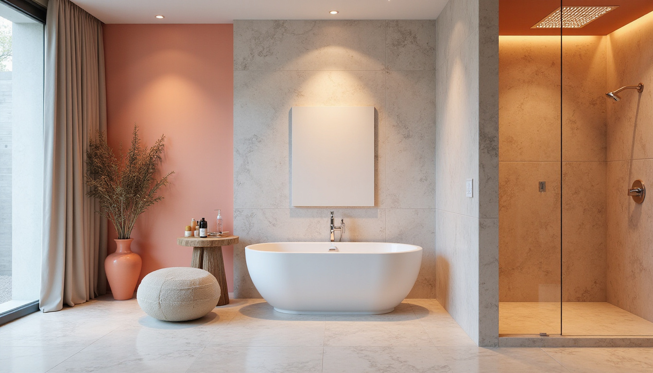  Modern spa bathroom with freestanding tub, rainfall shower, heated floors, marble tile, minimalist elegant lighting