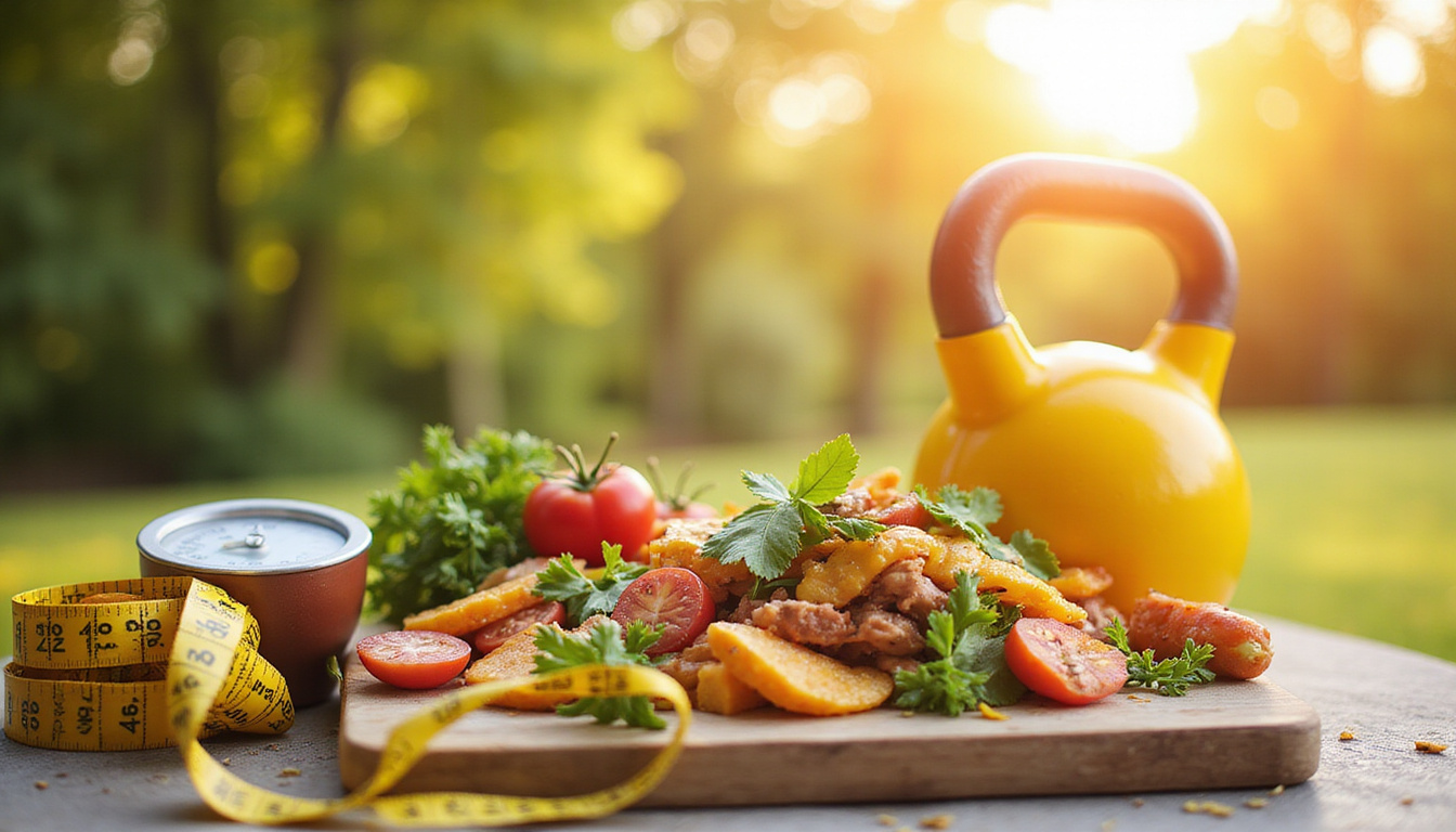  Healthy lifestyle montage: colorful meals, kettlebell workout, measuring tape, progress scale, sunrise motivation