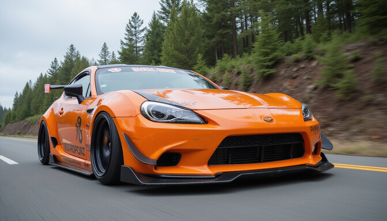 Low-angle shot of lowered coupe cornering aggressively, widened stance, motion blur, safety decals