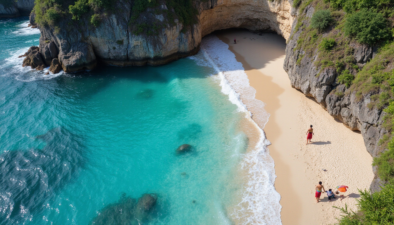  Aerial turquoise bay, narrow sandy cove, photographers on cliff, colorful sarongs, Balinese vibe