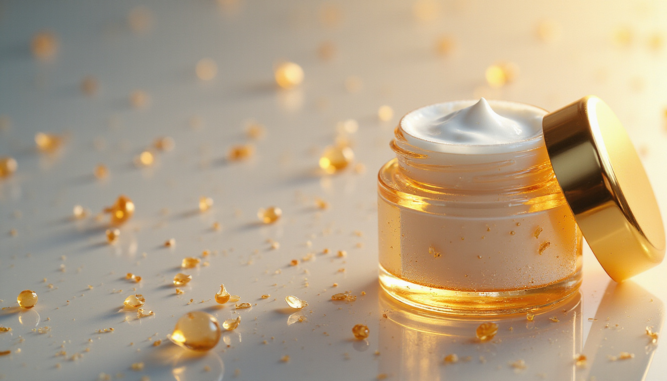  Clinical luxury lab mixing anti-pollution cream, gold accents, data graphs, microscopic pollutant particles