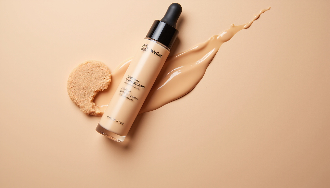  Beauty flatlay: foundation, hydrating serum, damp sponge, glowing texture, natural beige tones