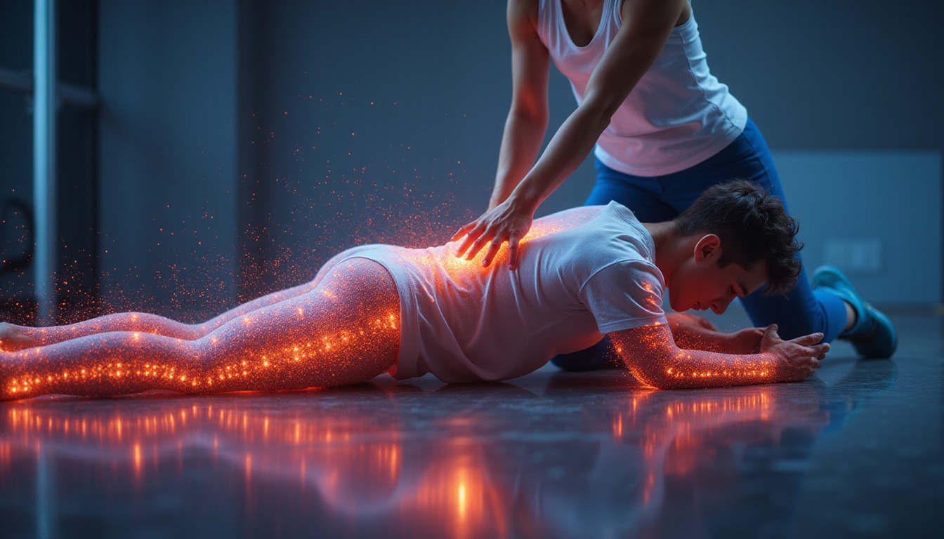 Athlete undergoing active release therapy, dynamic motion lines, rapid recovery, pain visibly dissipating