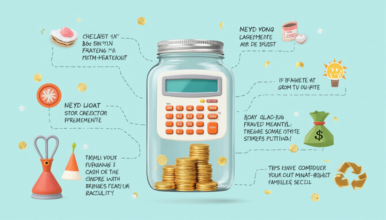  Financial infographic flat lay calculator coins jar scissors recycling icons checklist guiding cost cutting tips