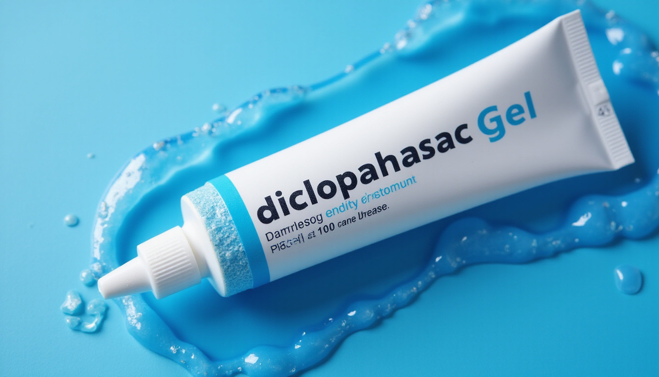  Macro close-up of sleek tube labeled diclofenac gel, blue gel, energy waves signaling rapid relief
