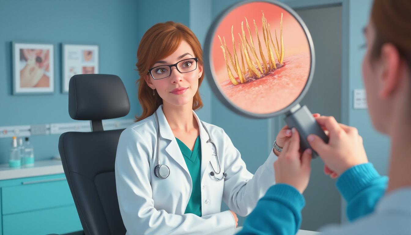  Dermatologist examining patient, magnified hair follicles, treatment options icons, warm clinical lighting