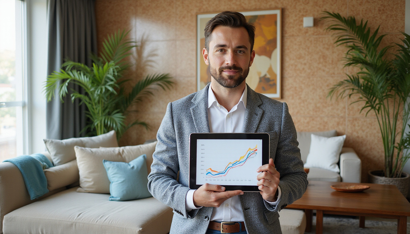  Real estate agent showing furnished Alexandria apartment, Egyptian tiles, palm trees, cost charts on tablet