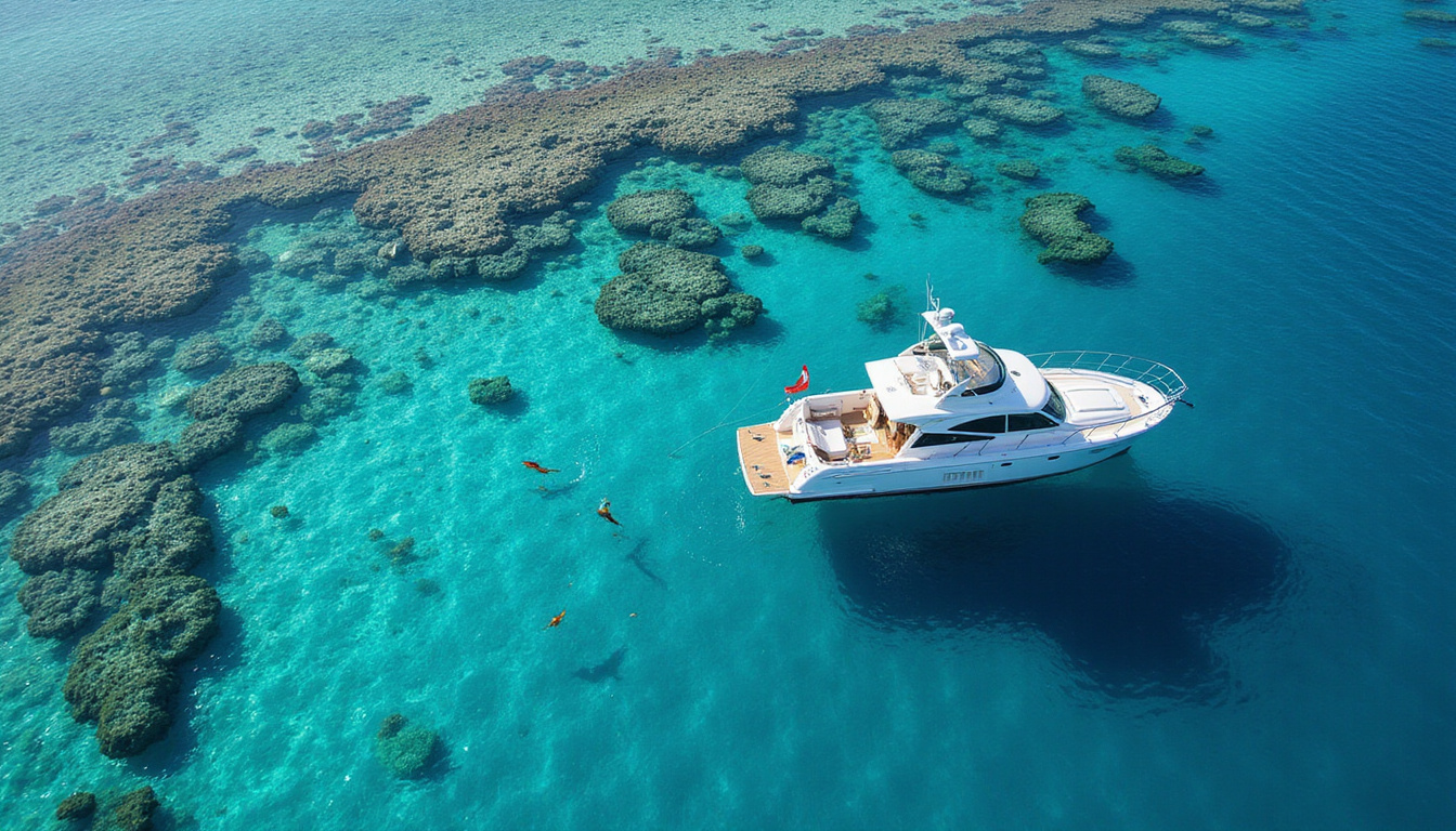 Aerial view over coral reefs, crystal-clear Red Sea, sleek white charter yacht, snorkeling colorful fish