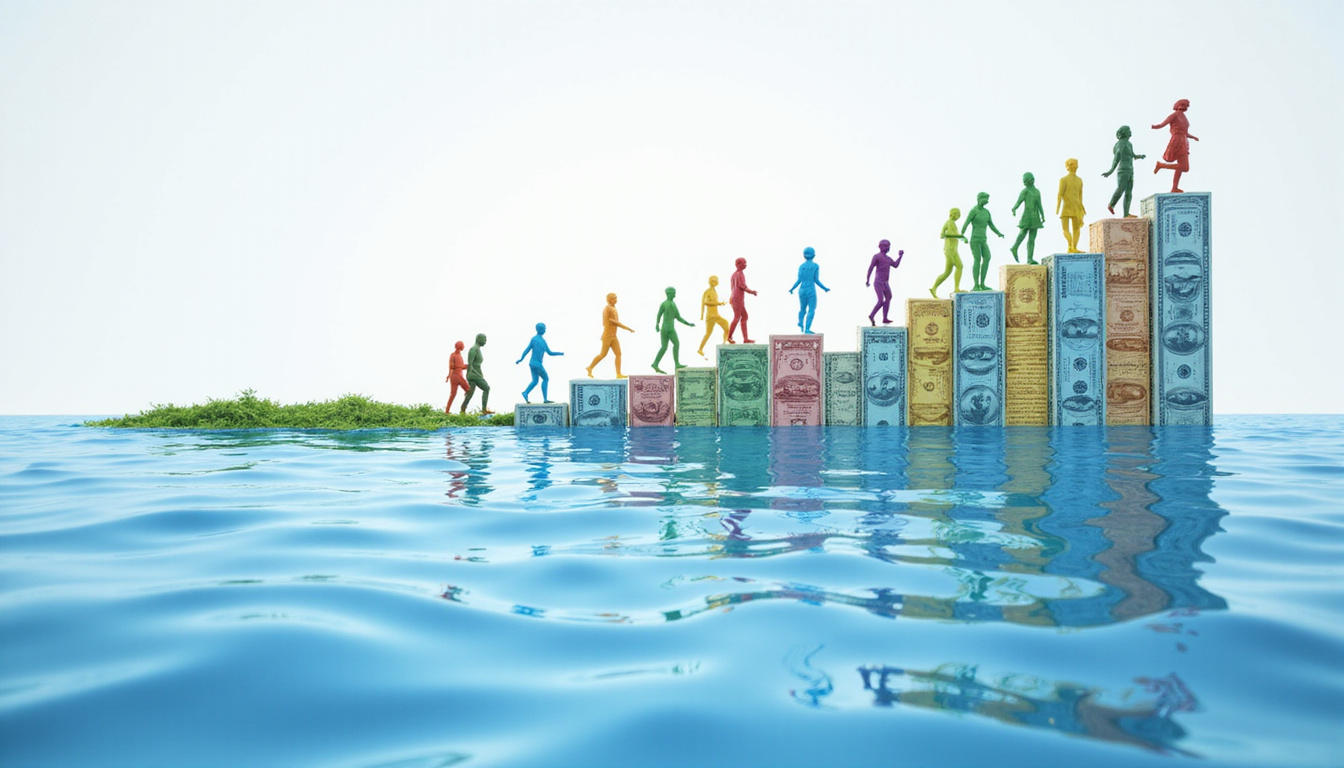  Rippled water turning into upward financial and health graphs, diverse people walking forward