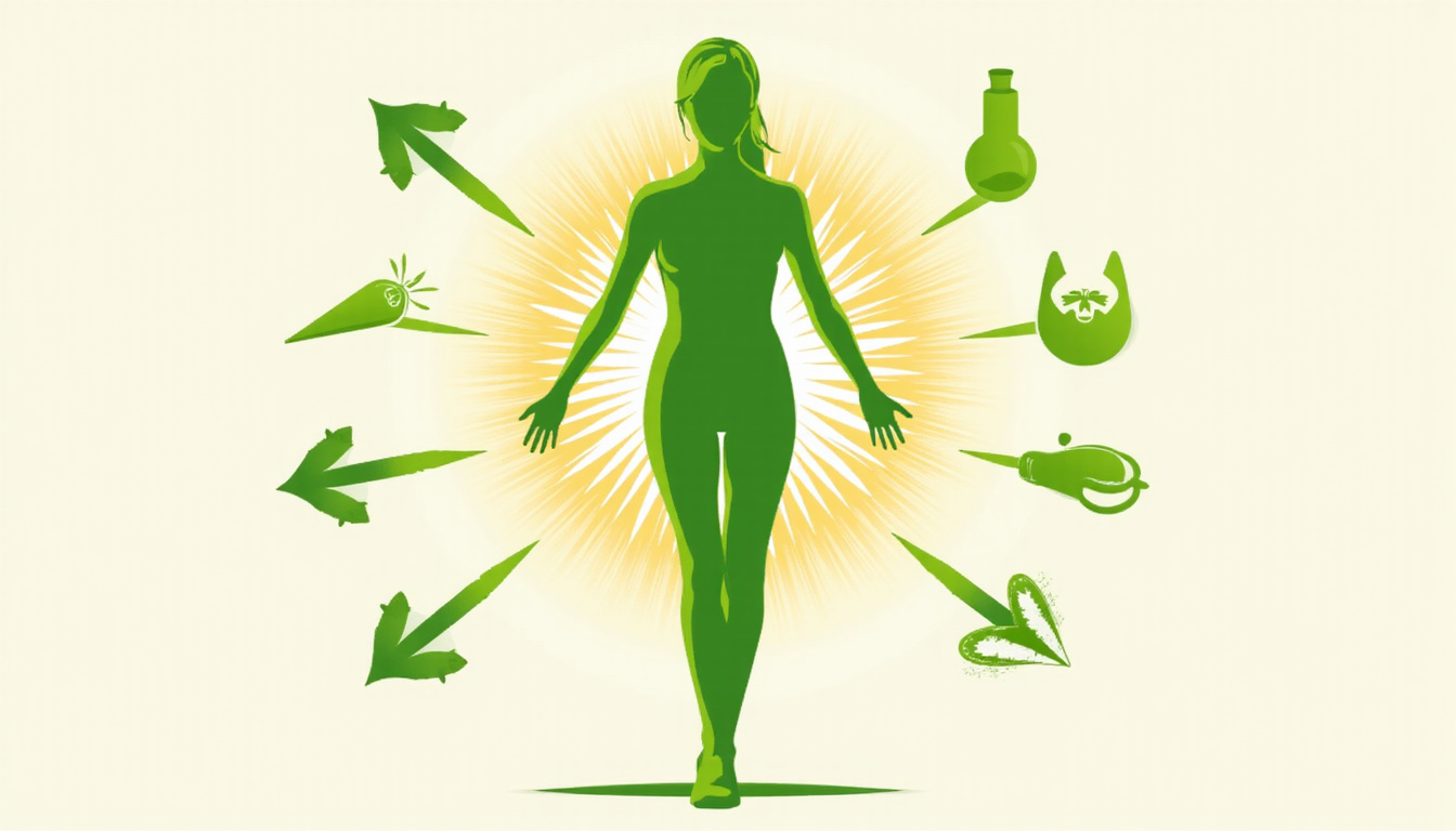  Energetic fit person silhouette, effortless weight loss aura, green arrows, low-carb food icons
