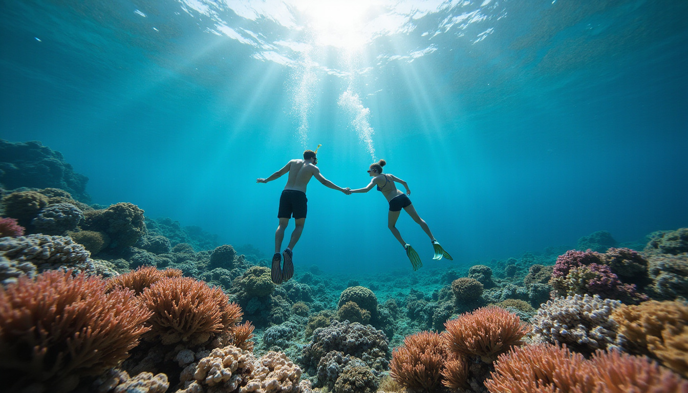  Snorkeling couple above vibrant coral gardens, crystal clear water, shafts of sunlight, intimate