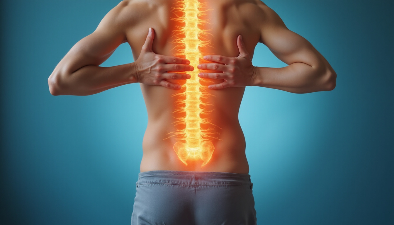  Patient relieved, serene expression, light healing rays over lower back, surgical instruments and physiotherapy icons