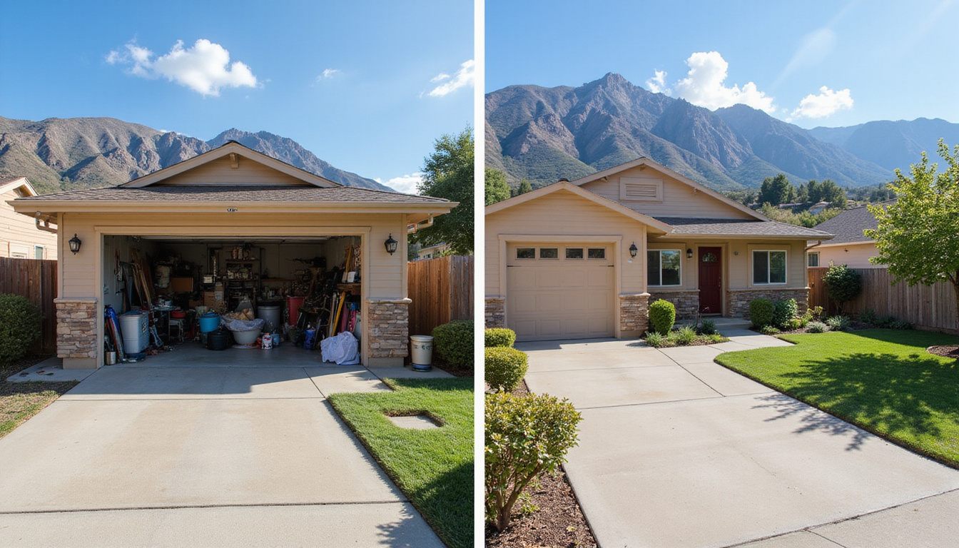  Before-and-after suburban yard transformation, cluttered garage emptied, sparkling tidy home, mountains background