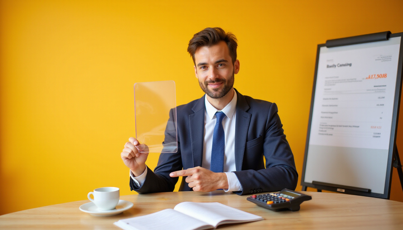  Confident negotiator at table pointing to transparent invoice, calculator, handshake ready