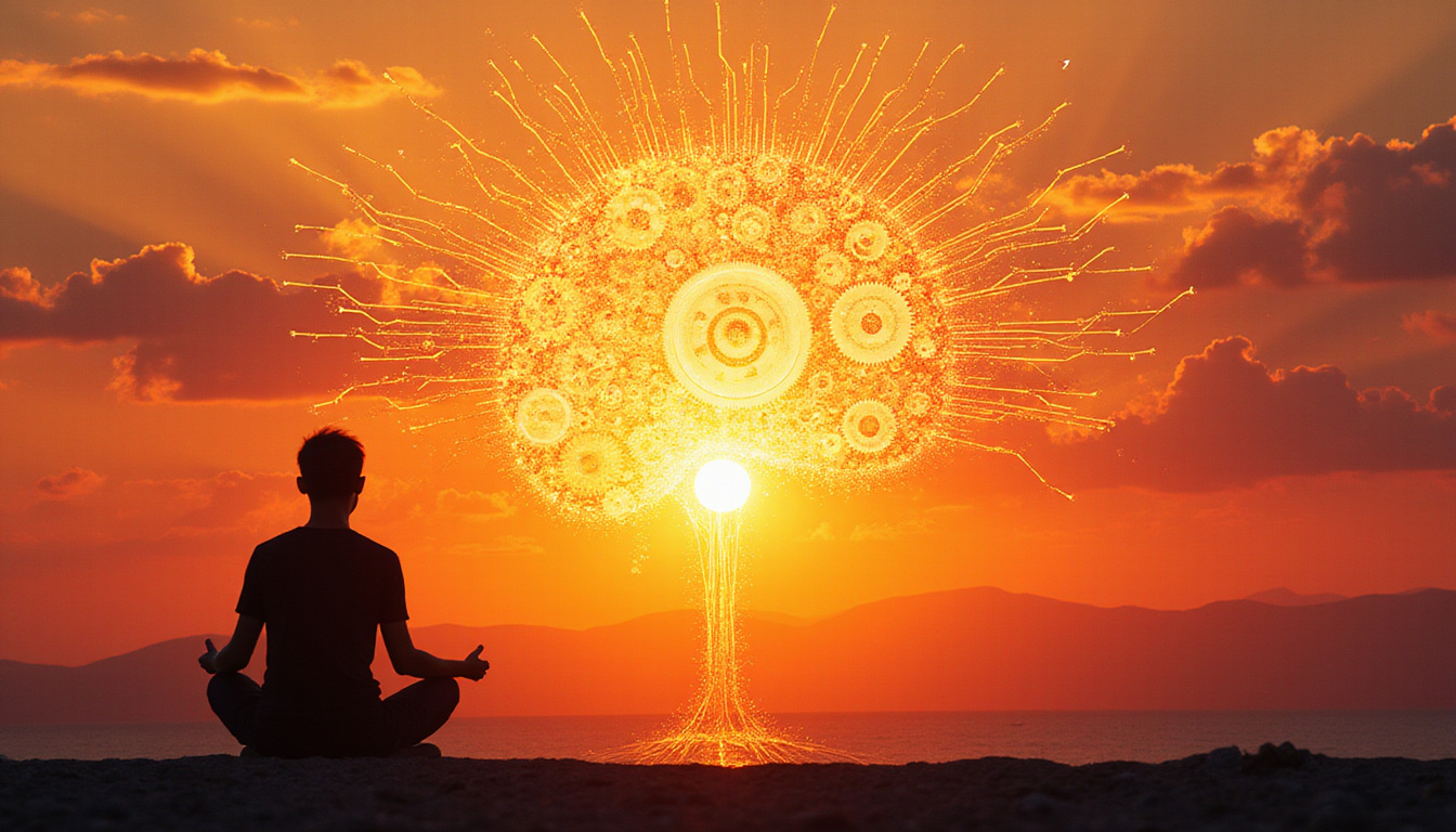 Human silhouette rewiring neural circuitry into blooming mandala, gears, rebirth, warm sunrise