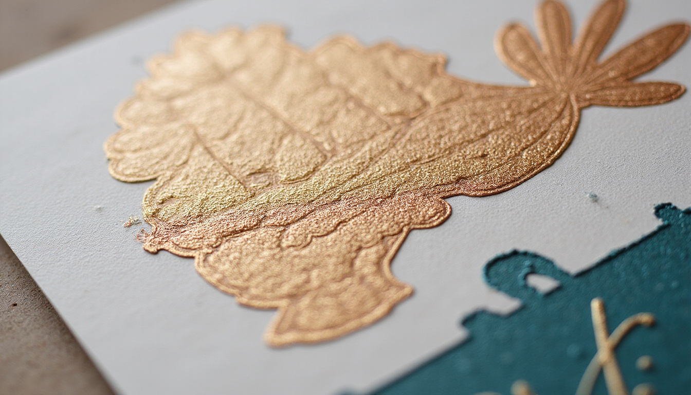 Close-up of die-cut embossing and metallic foil stamping on textured paper, ink droplets, precise crop marks