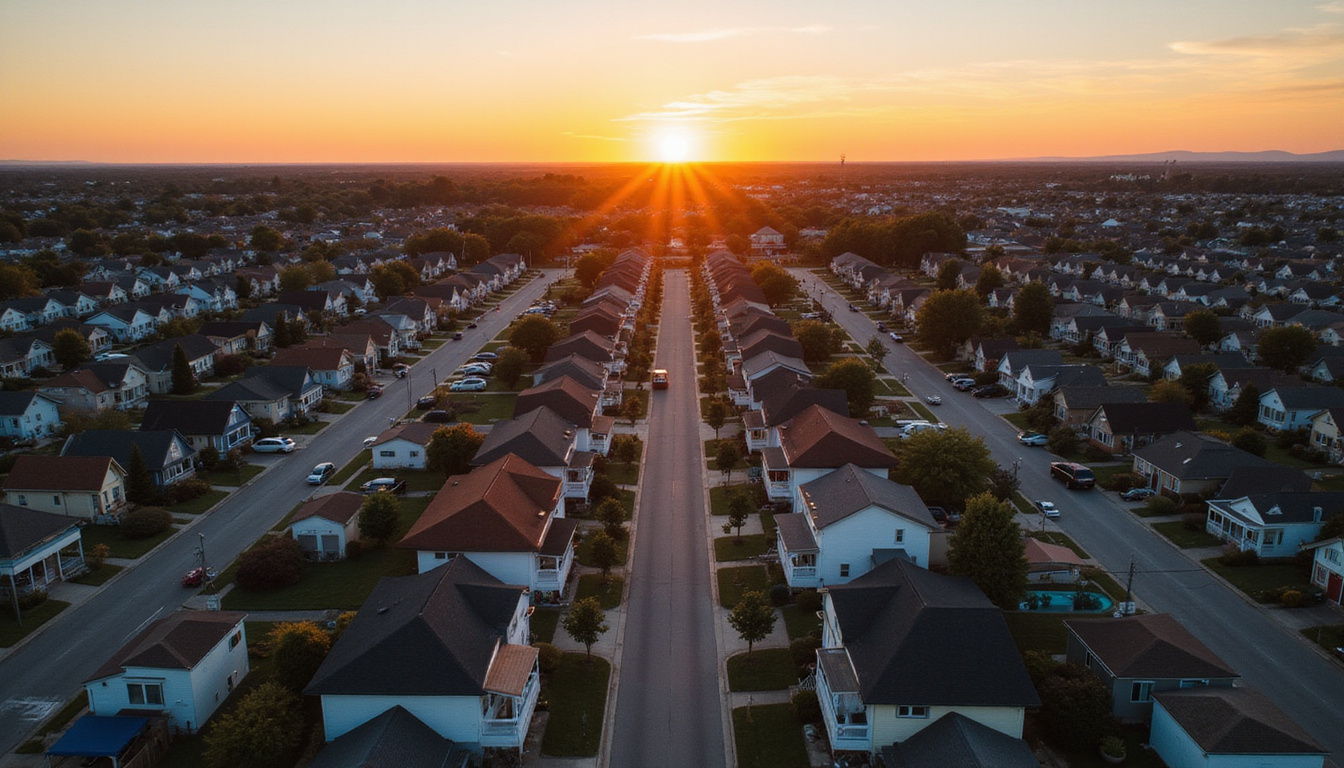  Aerial drone neighborhood sunset shot, crisp lines, inviting porches, clean curb appeal