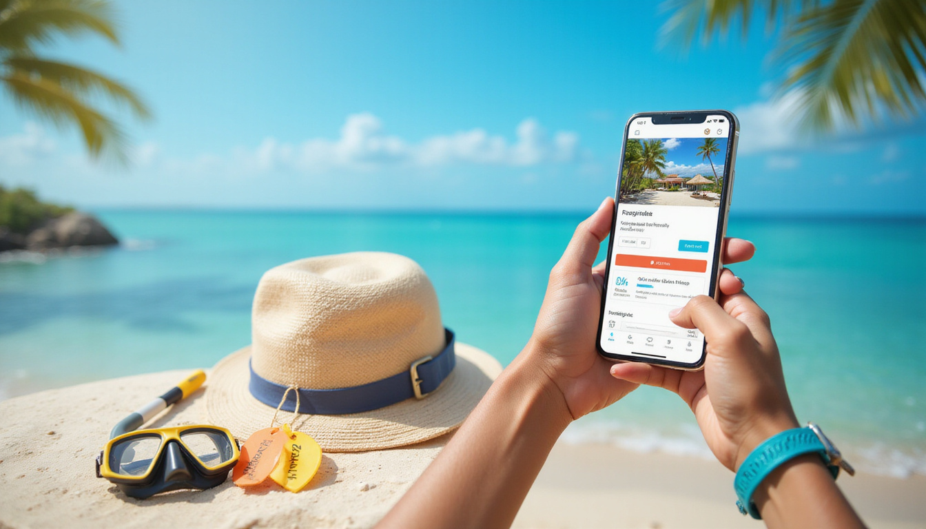  Traveler using smartphone booking beachfront hotel deals, map, calendar, discount tags, snorkel gear on sandy shore