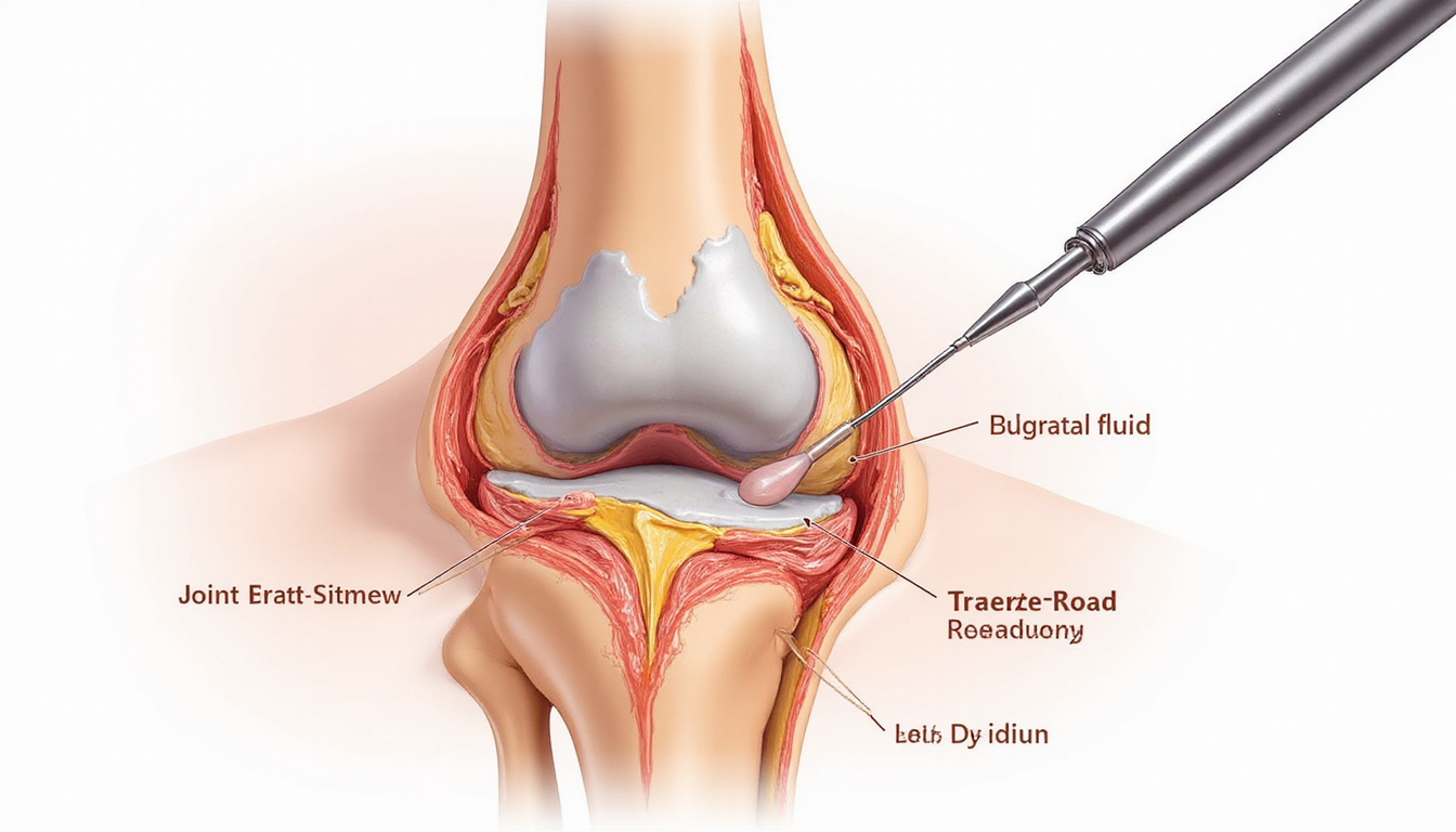  Medical illustration cross-section of joint aspiration, needle withdrawing fluid, labeled anatomy, soft colors