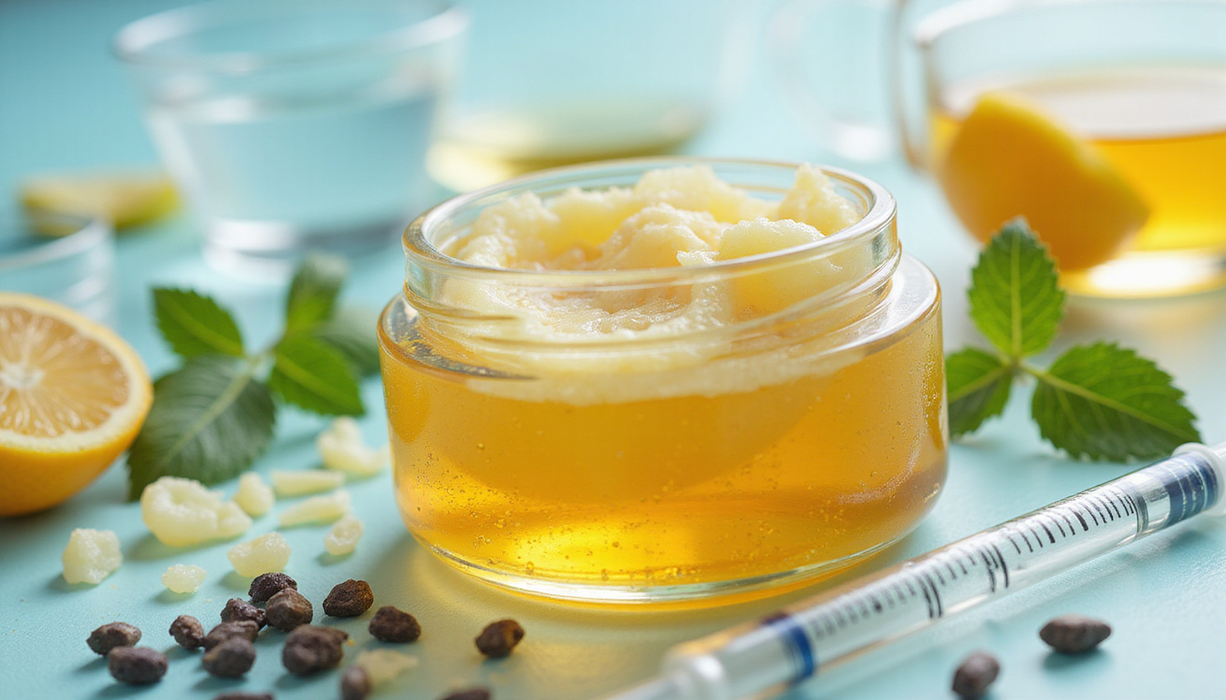  Closeup of botanical extracts, solid balm textures, lab glassware and quality control instruments, sterile