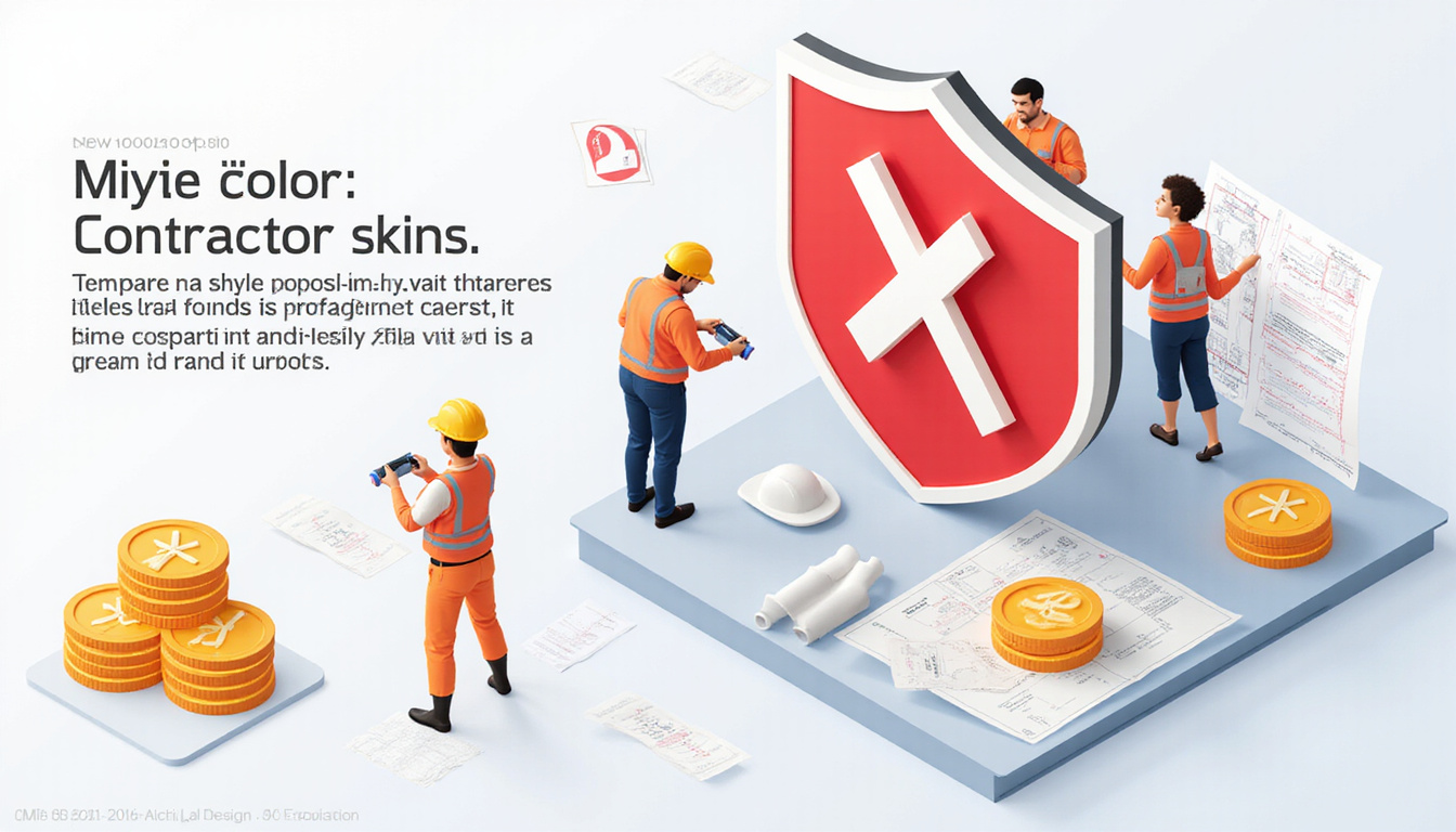  Isometric infographic of contractor profiles, red X mistakes, shield of reliability, coins, blueprints