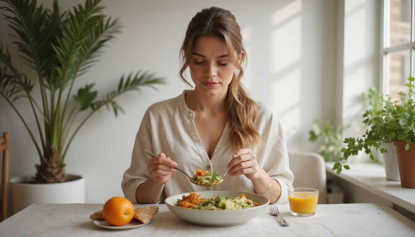 Serene person enjoying simple keto dinner, not checking scale, soft afternoon light, minimalistic style