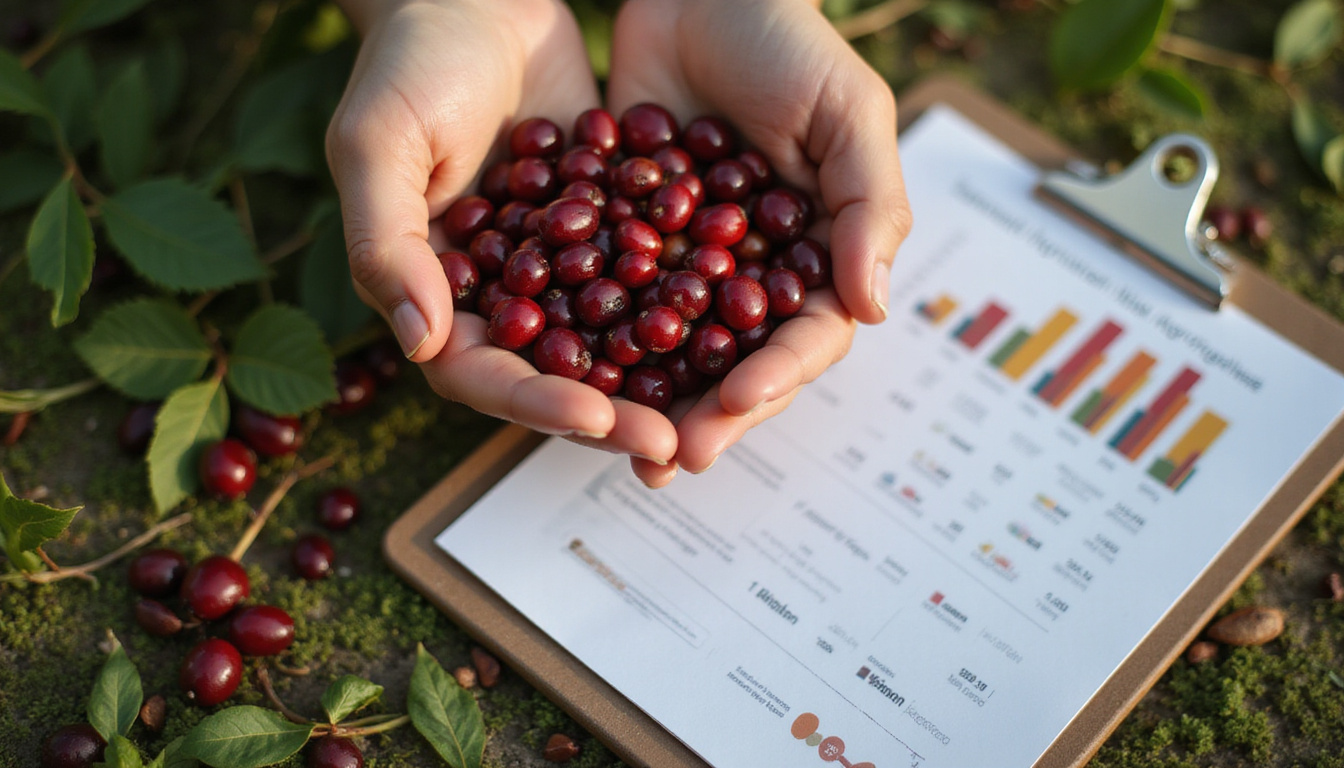  Close-up hands holding glossy coffee cherries, clipboard with yield chart, sustainable agroforestry background