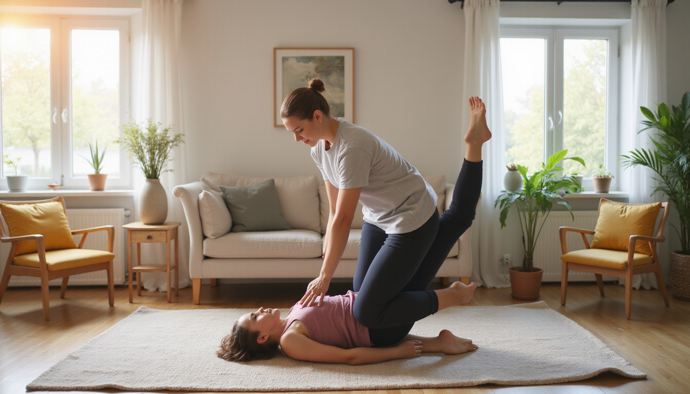 Serene living room scene: person doing targeted hip stretches, physiotherapist guiding, warm light