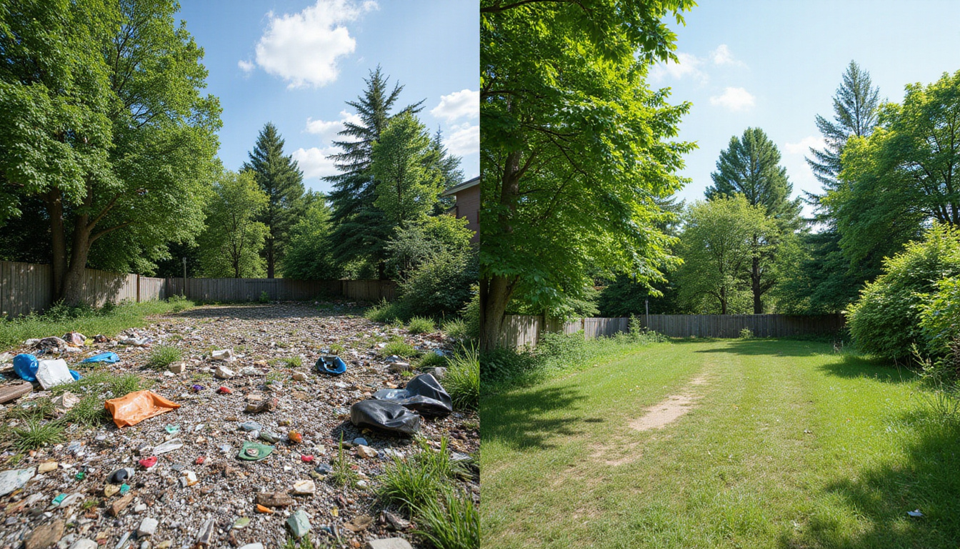  Before-and-after split image: overgrown trash-filled lot transformed into clean green community space