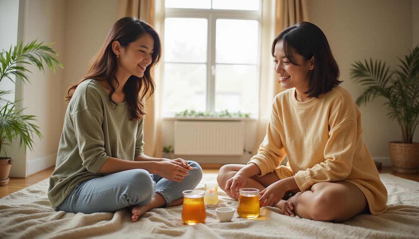 Neighbors sharing tea, folding laundry, soft smiles, ritualized gestures weaving transformation into ordinary moments