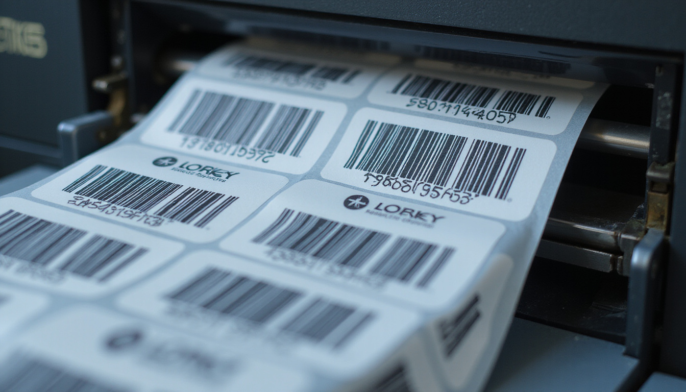  Close-up of glossy barcode labels rolling from industrial printer, blueprint icons, golden key overlay