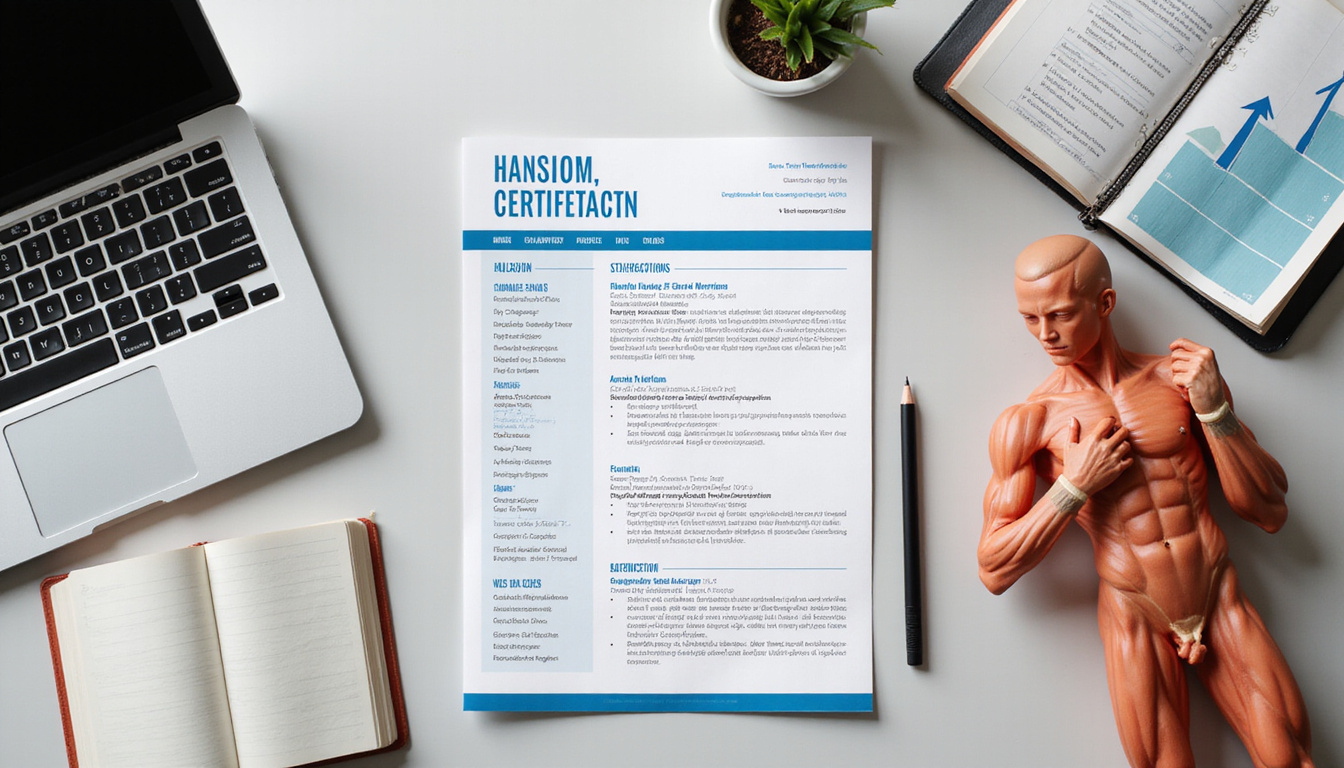  Flat-lay: polished resume, certifications, resistance bands, anatomy model, laptop with LinkedIn, upward salary graph