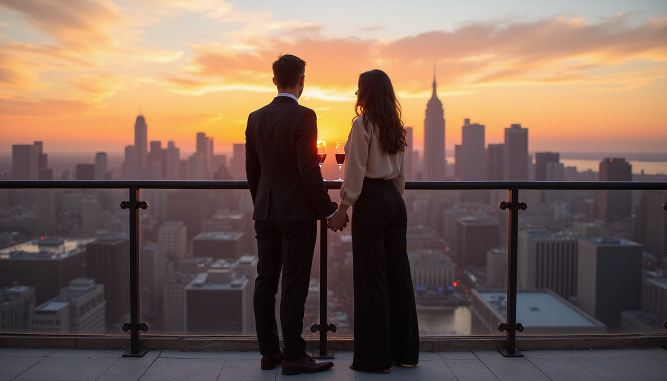  Elegant couple on rooftop: tailored black wide-leg trousers, silk blouse, champagne, sunset city skyline