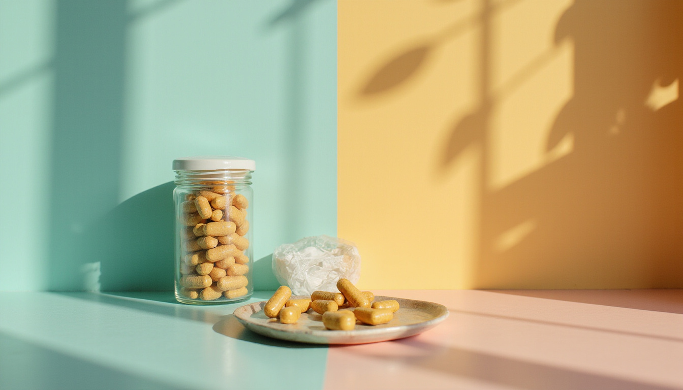  Split-screen: stacked HRT pellets vs herbal alternatives and patches, soft natural light, thoughtful mood