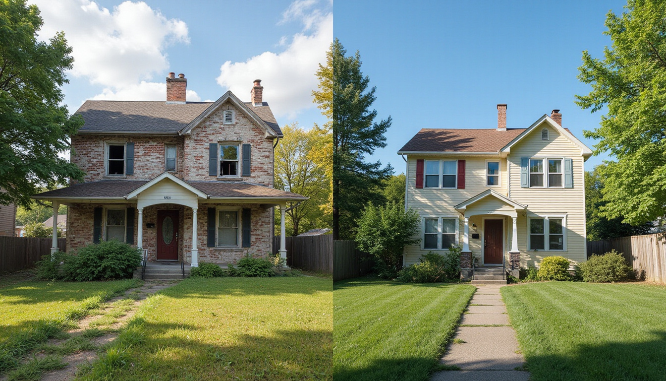 Cinematic before-and-after montage: dilapidated property transformed into modern rental, cash profit visual