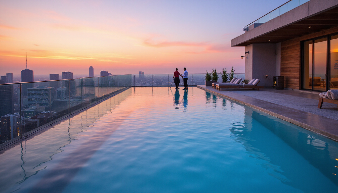 Rooftop infinity pool at dusk, personal butler serving champagne, lounge cabanas, panoramic skyline reflections