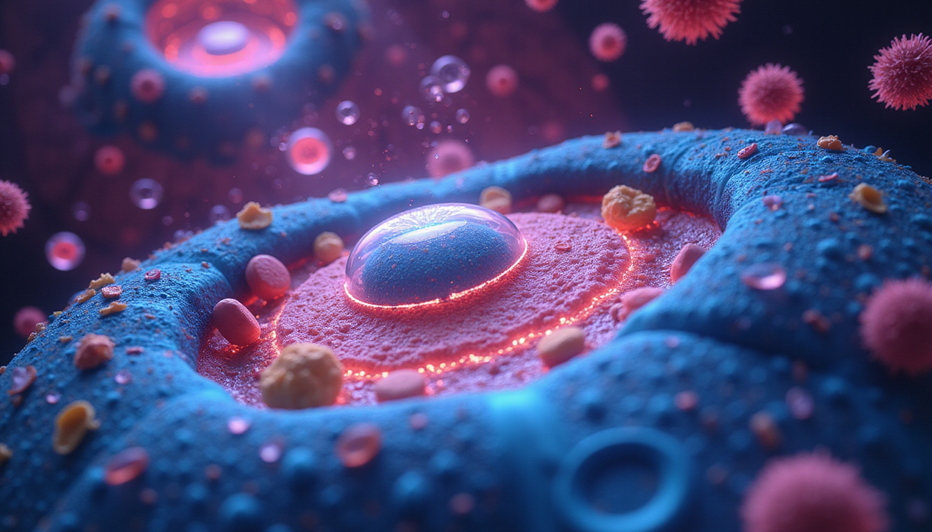  Cross-section of cell with drugs redirecting bright signaling rivers, DNA fragments, clinical infographic style